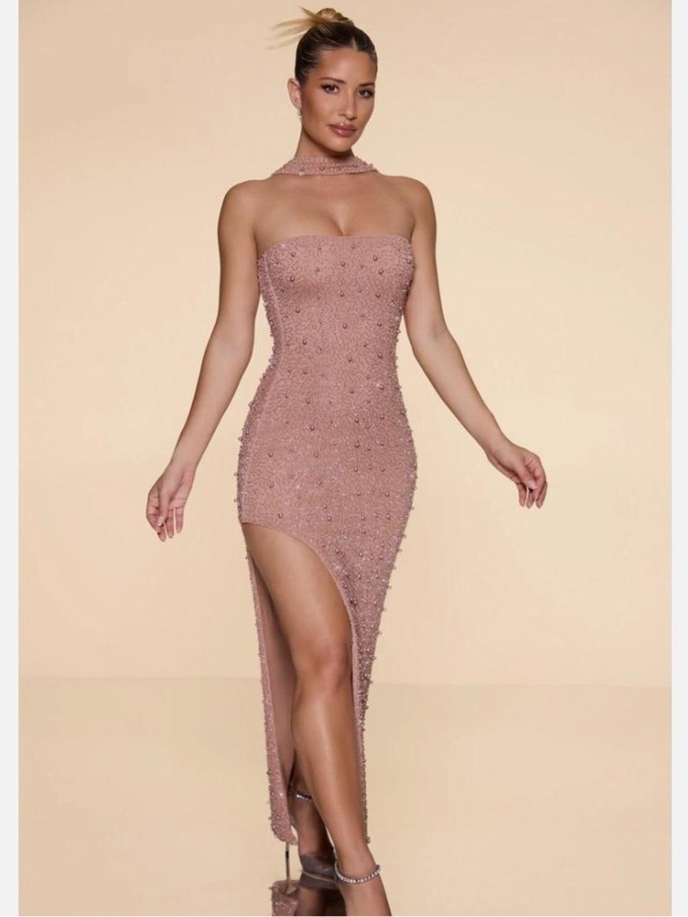 Oh Polly embellished bandeau maxi dress beige